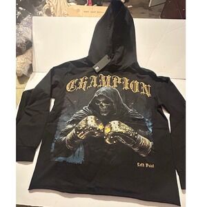 Left Point Mens Black Rhinestone Grim Reaper Boxing Champion Graphic Hoodie M
